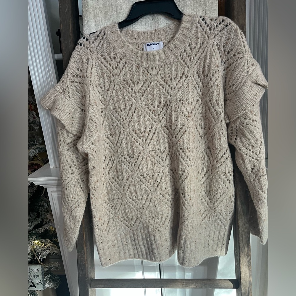 Old Navy Ruffle Sleeve Neutral Oatmeal Knit Sweater size XL Adorable - Picture 2 of 11